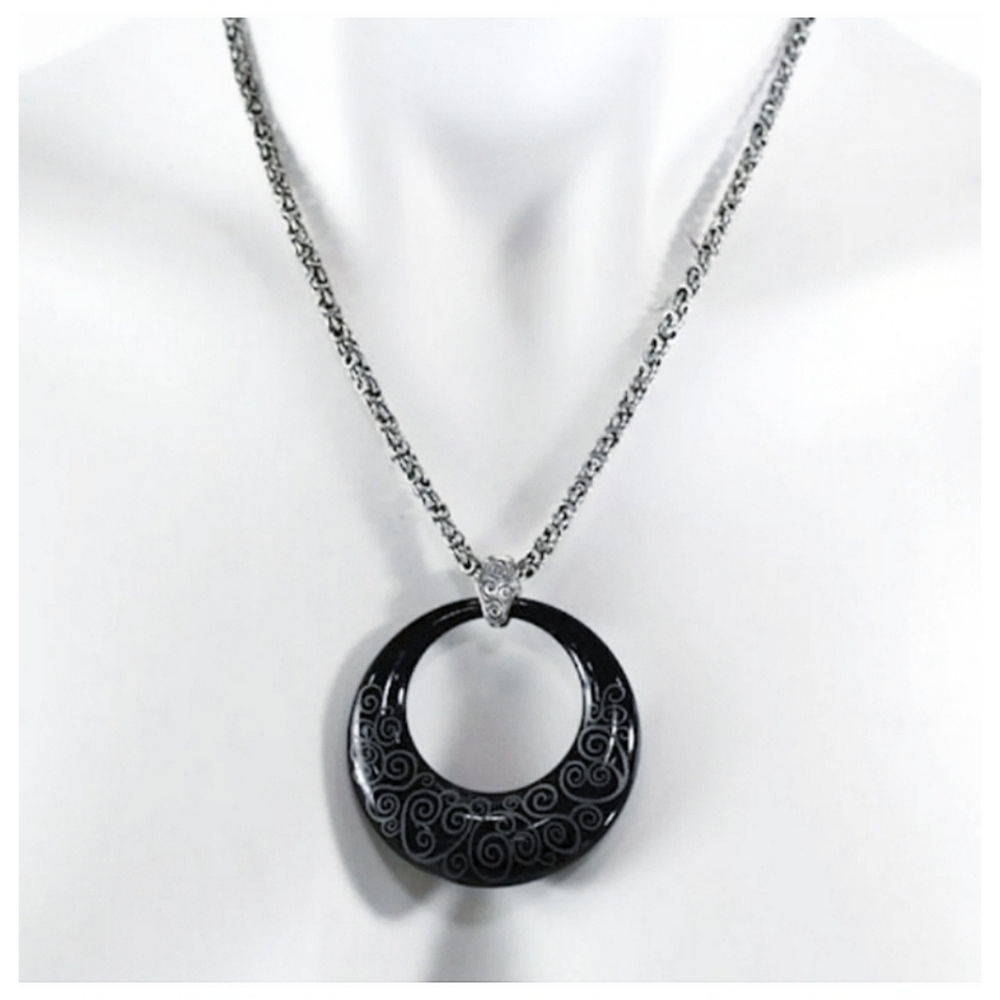 Vintage Brighton Lava Lounge Lucite Black Silver Scroll Design Necklace - Picture 2 of 9
